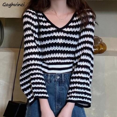 Autumn Women Pullovers Loose Striped Casual V-neck Knitted Female Sweaters Vintage Retro Korean Fashion Soft Preppy Style New