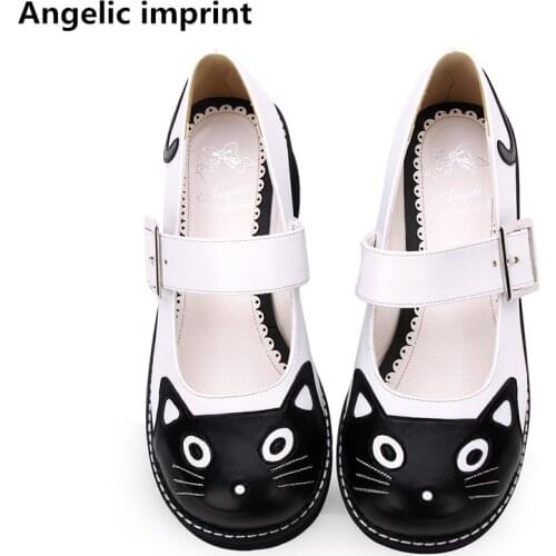 Angelic imprint woman mori girl lolita cosplay shoes lady mid heels wedges pumps women princess dress party shoes cat face 5cm