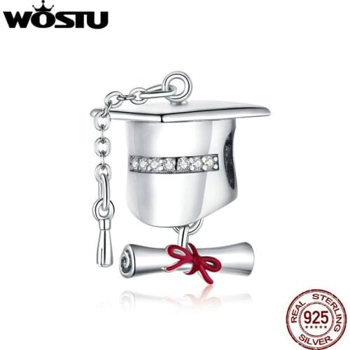 WOSTU 2020 925 Sterling Silver CZ Square College Cap Metal Charm for Original Silver Bracelet Cute DIY Charms Gift DAC357