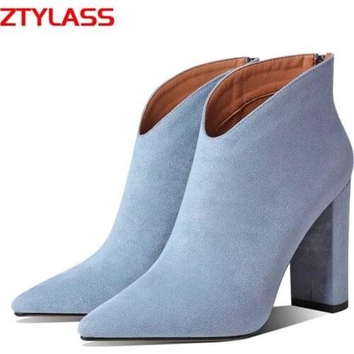 Womens Shoes Black Blue Brown Zipper Ankle Boots Fashion Pointed Toe Short Boots Ladies Square High Heel Autumn Winter Shoes