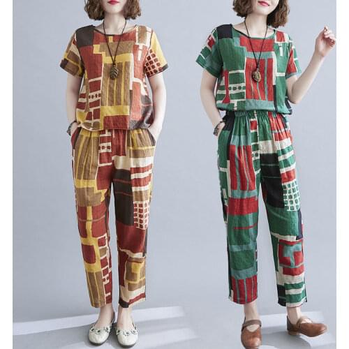 Womens Sets Summer Cotton and Linen Ladies Sets Printed Short Sleeve T-shirt & Casual Wide Leg Pants Suits 2 Piece Sets L435