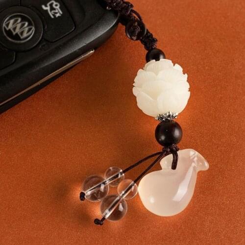 Natural Chalcedony Lucky Fortune Bag Pendant Handmade Carved Lotus Keychains Key Ring Key Holder for Women Car Bags Accessories