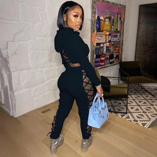 Sexy Two Piece Pants Sets Women Hollow Out Cross Lace-Up Hoodie Crop Top Trousers Autumn 2021 Casual Fitness Tracksuits