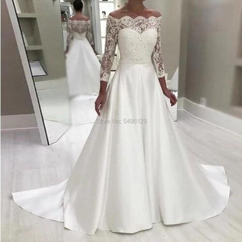 Generous Satin Wedding Dresses with Long Sleeves Robe de Mariee White Lace Appliques A Line Bridal Gowns Illusion Buttons Back