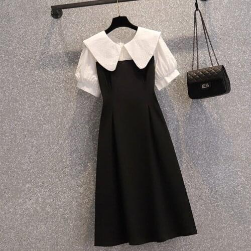 Large Size 4XL Womens Summer Dress 2021 New Korean Fashion Doll Collar Lady Stitching Black Elegant Dress Simple Casual aq1107