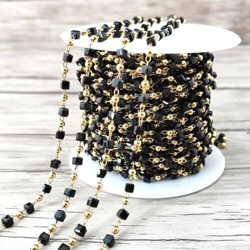 1Meter (1Meter=3.3ft) Gold plated Brass Beads Chains,3mm square Glass Bead,for Necklaces Bracelets Anklet Making DIY Jewelry L74