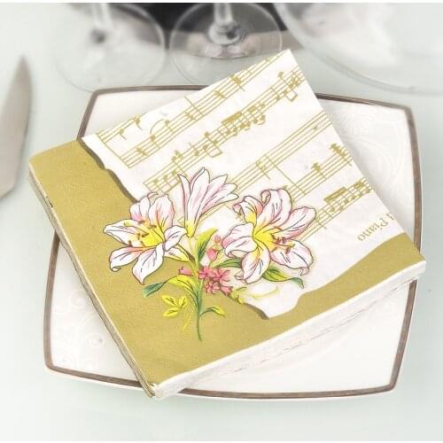 100Pcs Green Sheet Music Lily Flower Party Paper Napkins Wedding Table Tableware Bridal Shower Tissue Serviettes Decor Supplies