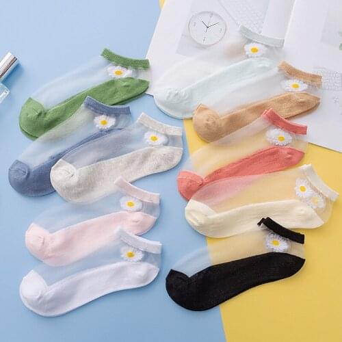 5Pairs/Lot Women Socks for summer Ultra-thin Transparent Cass Glass fiber Silk Socks Fashion daisy Flower Japan Ankle Socks