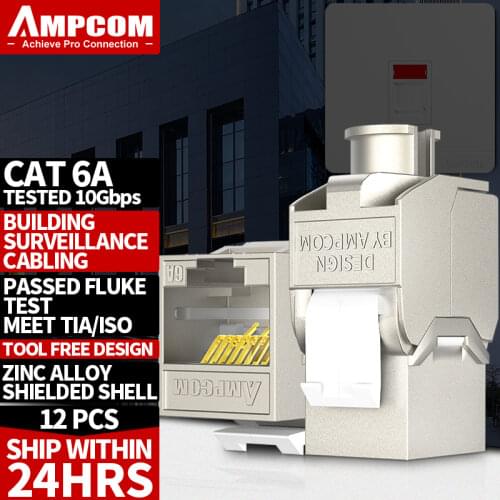 AMPCOM (UL Listed) 12-Pcs RJ45 Shielded Cat6A Keystone Jack, Zinc-Alloy RJ45 Tool-Free Coupler Zinc Alloy Module Coupler Adapter