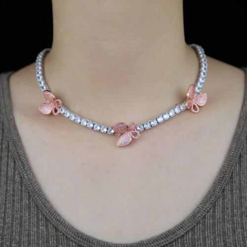 White pink 4 colors iced out bling butterfly jewelry 5A 5mm cubic zirconia cz tennis chain ice pink women necklace