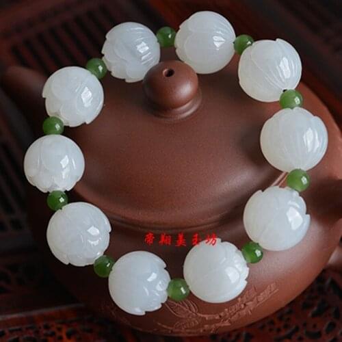 100% real white hetian jade bracelets jadeite bangles natural lotus beads bracelet for men women jade gift christmas bracelet