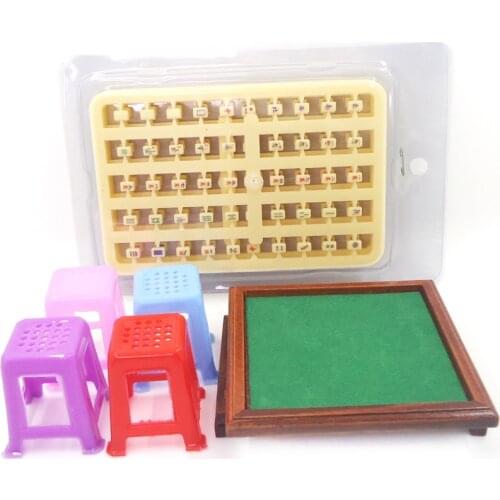 New 1/12 Scale Dollhouse Miniature MahJong Game Set with 4 Stools for 1:12 Dollhouse Decor Kids Toys Birthday Gift Collectibles