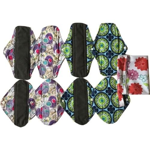 JUTESKs 9 pieces set 1pcs mini bag, 4pcs 8 inch and 4pcs 10inch Charcoal Bamboo Menstrual Pads/Reusable Sanitary Pads