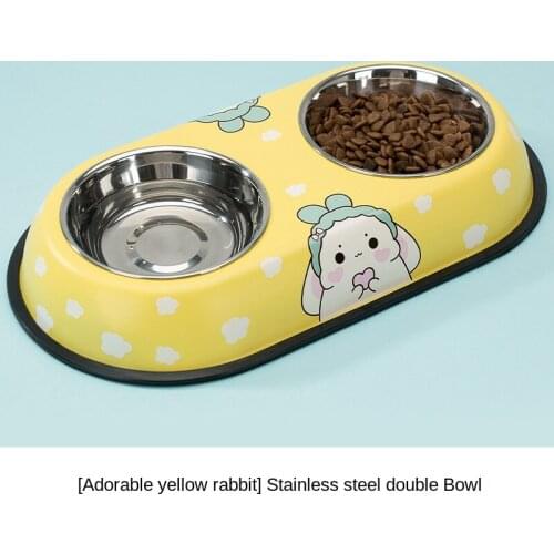 New cartoon pet stainless steel dog bowl double bowl dog cat food basin cat bowl Teddy water pet products