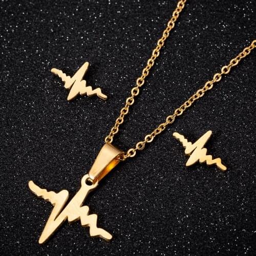 Hfarich Dating Stainless Steel Heartbeat Wave Heart Stainless Steel Gold Color Necklaces & Pendants Jewelry Sets for Women Femme