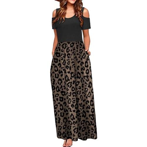 Sexy Off Shoulder Dress Women Summer Boho Leopard Print Elegant O Neck Maxi Long Dress With Pocket Plus Size Beach Dresses