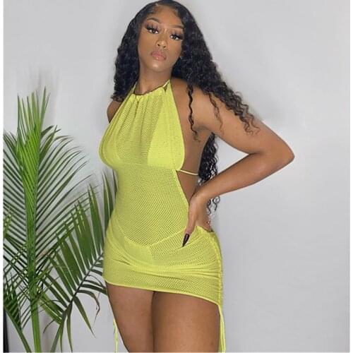 Sexy 3 Piece Swimwear Women Bandage Swimsuit Halter Mesh 2 Piece Thong Bikini Set + Backless Dress Bathing Beach Holiday Suit