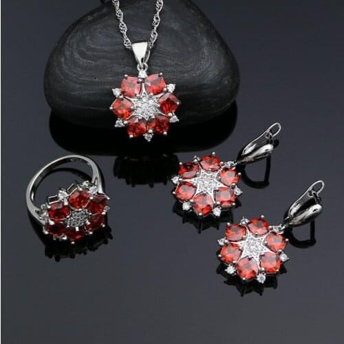 Wedding 925 Sterling Silver Jewelry Kit For Women Red Cubic Zirconia White Crystal Earrings/Ring/Pendant/Necklace Set