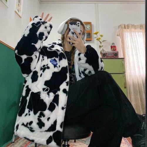 Street hip hop brand retro cute girl cow Animal Plush loose large coat girl coats jackets