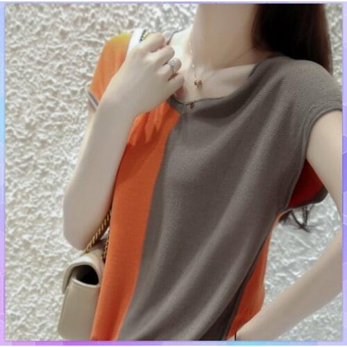 Retro Patchwork T-Shirt Short Sleeve Knit Tops 2021 Summer Fashion Casual V-neck Oversized T-shirts Summer Plus Size Basic Top