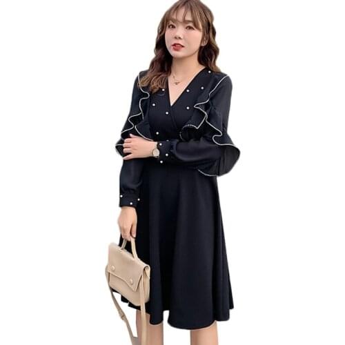 Oversize Spring Womens Dress New Fashion Lotus Leaf Beaded Black Dress Sexy V-neck Long Sleeve Ladies Office Dress Vestidos 264