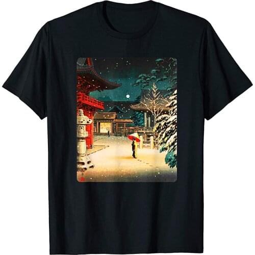 Japan Woodblock Snow at Nezu Shrine Moon Stars Night Sky T-Shirt