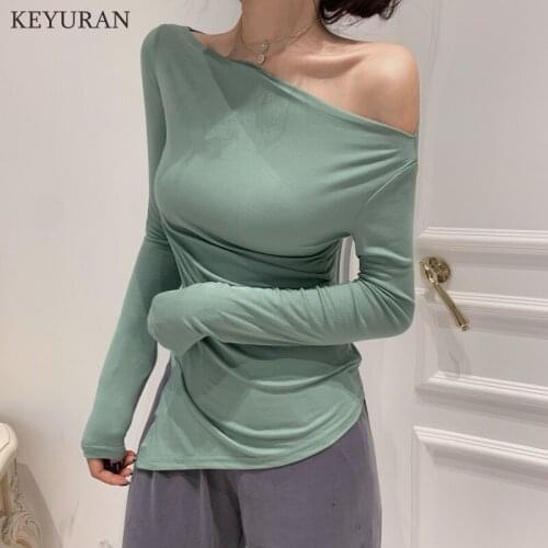 Off Shoulder Tshirt Woman Backless Sexy T Shirt Women T-Shirt Long Sleeve Korean Style Slim Elasticity Womens Base shirt Clothes