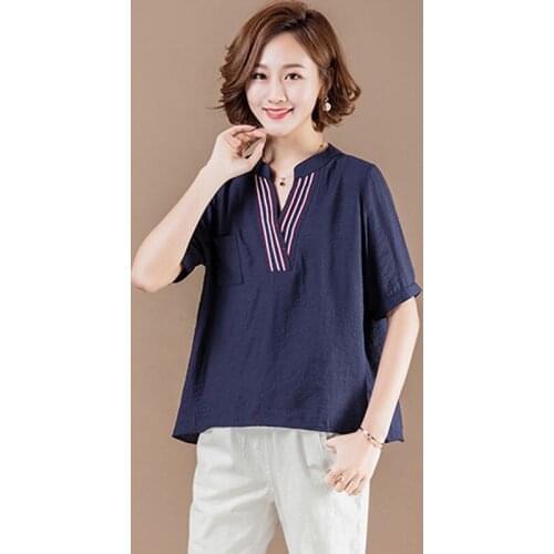 Oversized Women Cotton Linen Casual T-shirts New Arrival 2021 Summer Simple Style Vintage V-neck Loose Female Tops Tees S3378