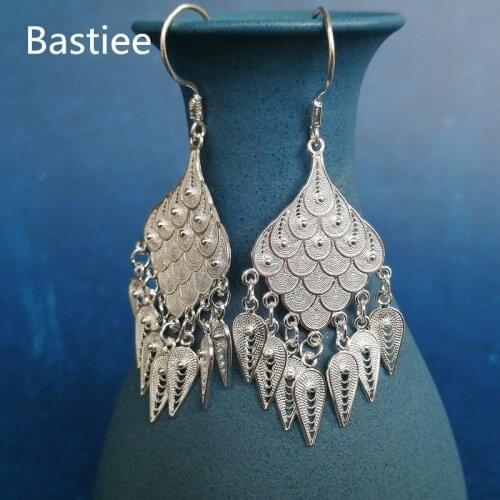 Bastiee 999 Sterling Silver Peacock Feather Earrings For Women Drop Tassels Big Earing Hmong Vintage Handmade Jewelry Luxury