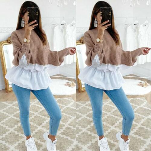 Meihuida Women Casual Batwing Long Sleeve Patchwork Pullover Loose Oversized Soft Comfortable Sweaters