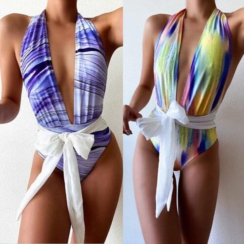 Women’s Sexy One-piece Bikini Personality Printing Backless Waist Bandage Halter Style Slim Fit Swimsuit