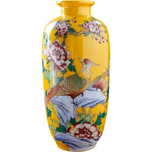 Antique Yellow Color Glazed chinese-porcelain Handpainted Flowers Birds Vases Household Furnishing Articles Porcelain Vase