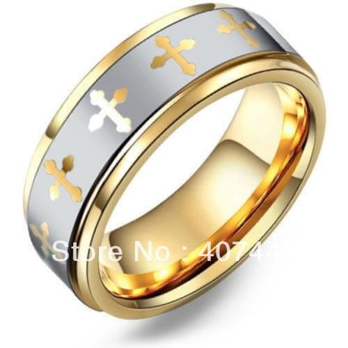 Free Shipping Cheap Price USA Canada Russia Brazil Hot Sales 8MM Golden Multi Cross Tungsten Carbide Wedding Ring USsize 6-13