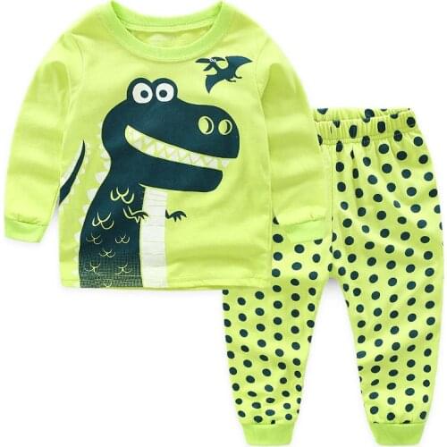 27kids Kids Cotton Pajamas Sets Toddler Babys Home Clothes Dinosaur Wave-point Pattern Long Sleeve Casual Sleepwear 2-7Years