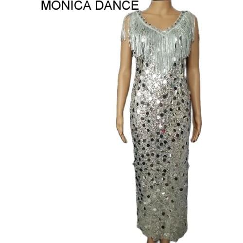 Women Sexy Shining Silver Sequins Tassels Stone Mesh Long Dress Women Evening Birthday Celebrate Prom Singer Dancer Show Dress