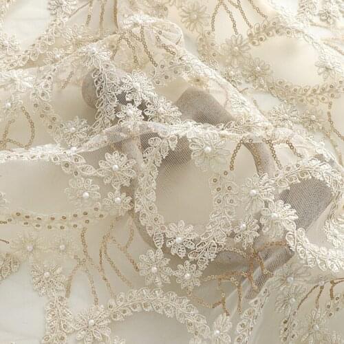 Quality gauze fabric Pearl embroidery sewing High end champagne custom dress wedding dress cheongsam clothing tissu