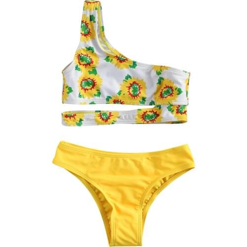 Infant Kids Girl 2 Pcs Set Bikini One Sleeve Sunflower Print Cut Crop Top and Solid Color Short Pants Swimsuit 6-13T