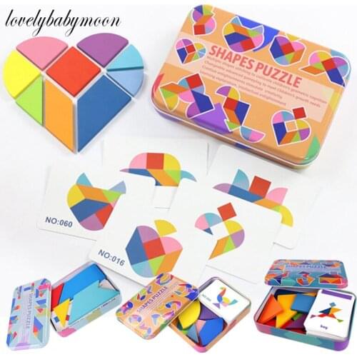 Colorful Tangram 3D Wooden Jigsaw Puzzle Iron Box Kindergarten Baby Montessori EarlyEducation Cartoon Cognitive Interactive Game
