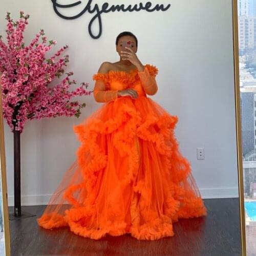 New Modest Tulle Ruffles Long Evening Dresses With Sheer Full Sleeves A-line Formal Dresses Robe De Soirée De Mariage