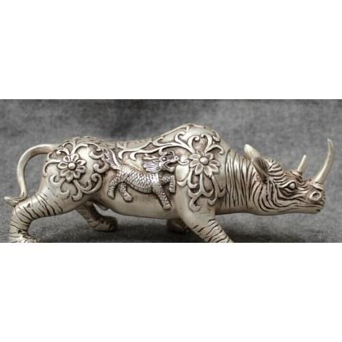 Wholesale factory 10" Chinese Silver Decoration Brass Dragon Kylin Unicorn Flower Rhino Rhinoceros Statue