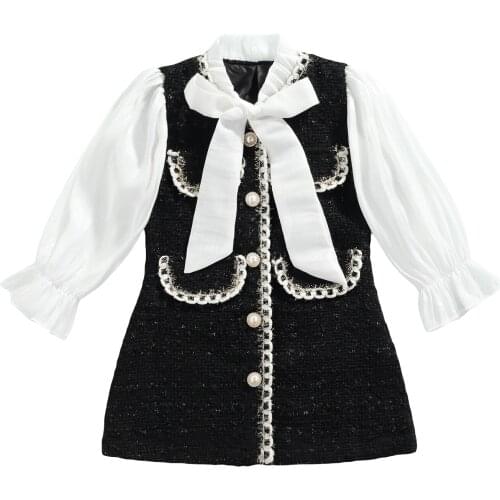 Toddler Baby Girls Dresses Elegant Dress Fall Winter Long Sleeve Bow Tie Pearls Button Party Pageant Dresses Outfit 1 Pieces