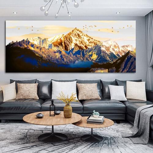 DDHH Large Size Golden Mountain Bird Landscape Canvas Paintings Print Poster Oil Painting For Living Room Modern Home Decoration