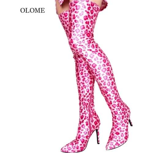NEW Sexy Pink Leopard Print Stretch Thigh High Boots Women Stiletto High Heels Over The Knee Boots Woman Runway Shoes Ladies
