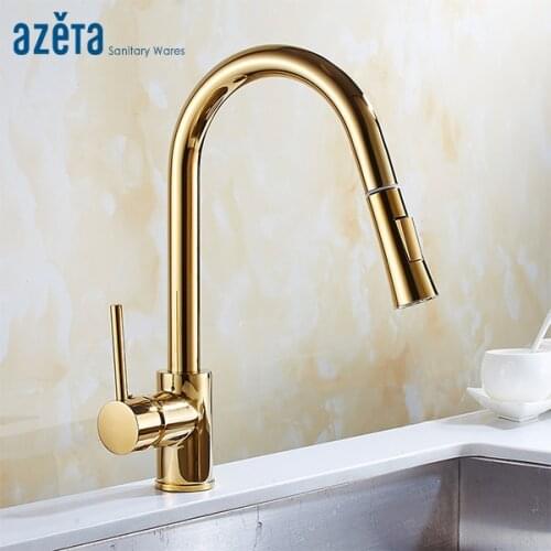 Azeta Pull Down Kitchen Faucets Gold Brass Kitchen Mixer Tap 360 Degree Rotation Double Sprayer Kitchen Sink Faucet MK8874G
