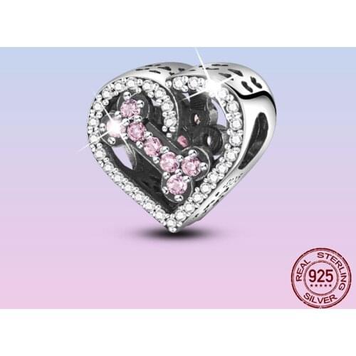 Sparkling 925 Sterling Silver Heart Beads CZ Pink Dog Bone Charms Fit Pandora Bracelet For Women Jewelry DIY Anniversary Gift