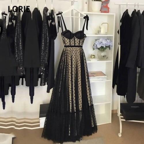 LORIE Vintage Prom Dresses 2021 Sweetheart Spaghetti Strap Polka Dot Black and Champagne Lining Formal Evening Party Gowns