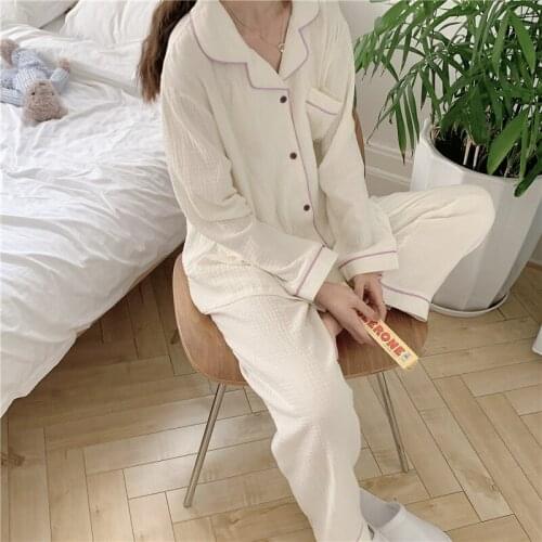 Women sleepwear autumn pajama set spring gauze cotton comfortable homewear 2 piece set jumper solid long sleeve turn down L536