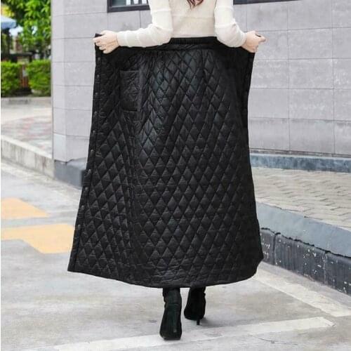 Womens New Fashion Quilted High Waist Winter Warm Buttons A-Line Long Skirt