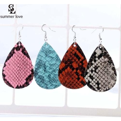 Trendy Snake Print Leather Drop Earrings Boho Red Pink Big Waterdrop Hanging Earring 2019 Women Party Statement Jewelry