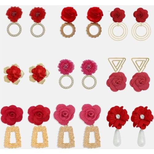 Miwens Red Cotton Flower Drop Earrings For Women 2021 Acrylic Pearl Circle Statement Hanging Earrings Geometry Metal Ear Jewelry